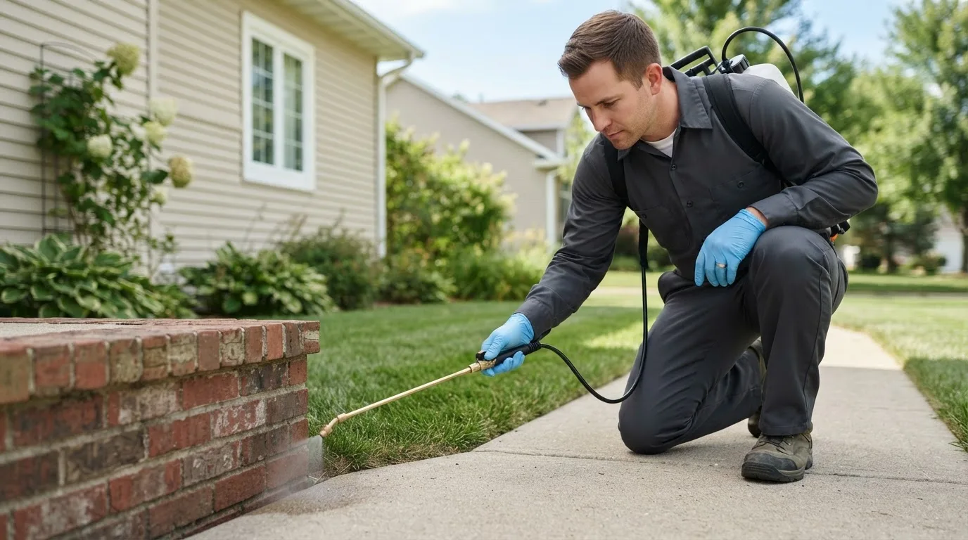 Pest control technician treating a home near Christiansburg, VA